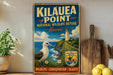 A vintage-style sign for the National Wildlife Refuge in Hawaii, featuring a lighthouse and a seagull, with a wooden paddle and a potted plant in the foreground.