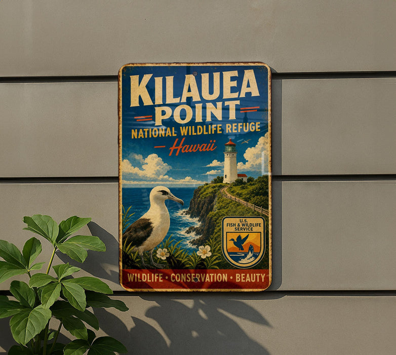 A vintage-style metal sign for the National Wildlife Refuge in Hawaii, featuring a lighthouse and a seagull, mounted on a wall.