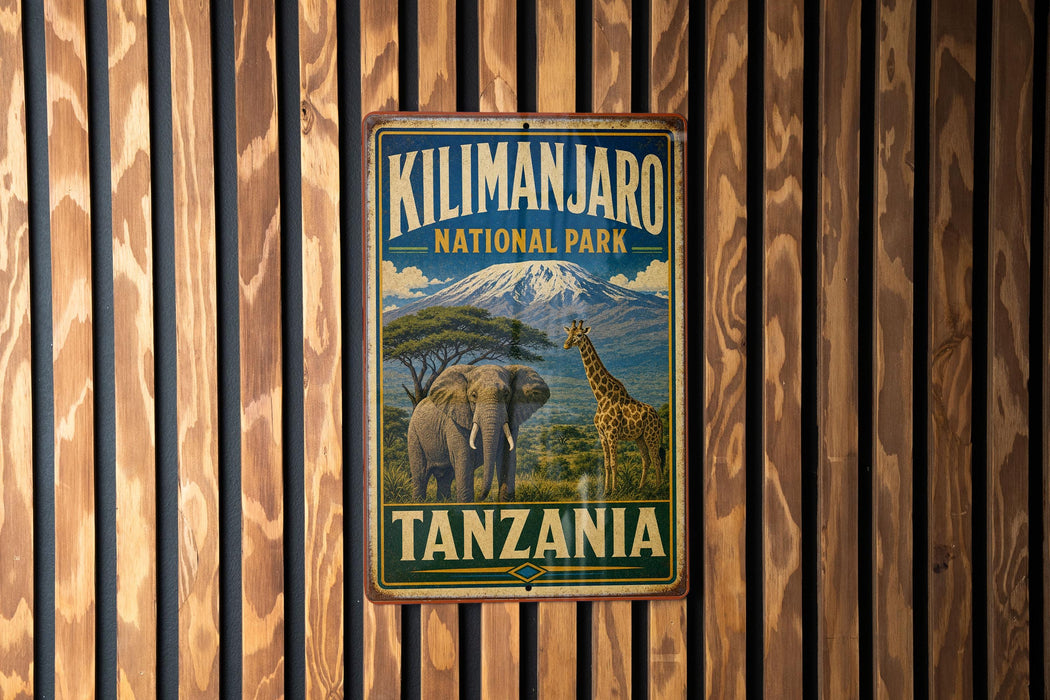 A vintage-style metal sign for Kilimanjaro National Park in Tanzania, featuring an illustration of a giraffe and an elephant in a natural landscape.
