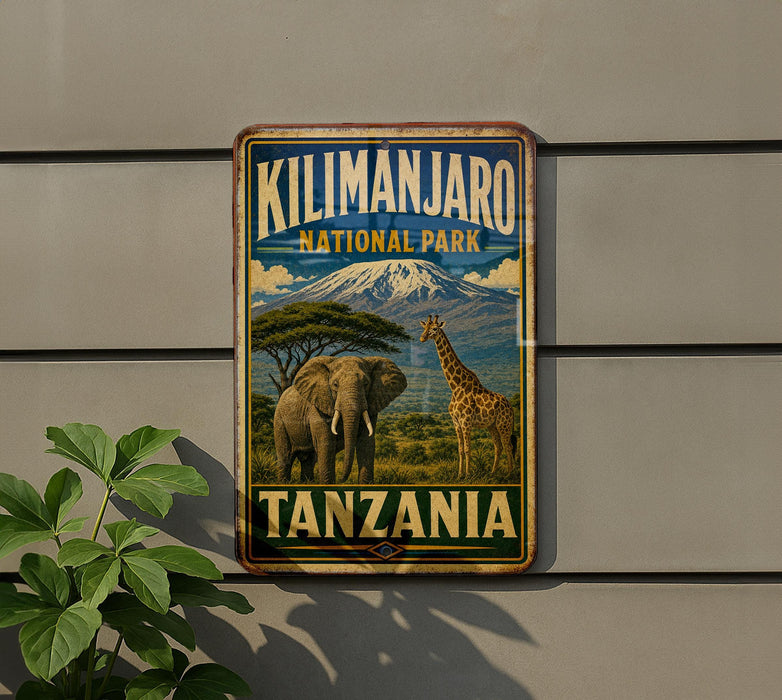 A metal sign displaying the name "Kilimanjaro National Park Tanzania" with an illustration of an elephant and a giraffe in a natural setting.