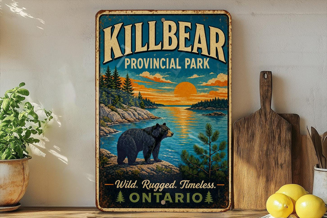 A vintage-style metal sign for Killbear Provincial Park in Ontario, featuring a bear in a scenic landscape with a sunset and pine trees.