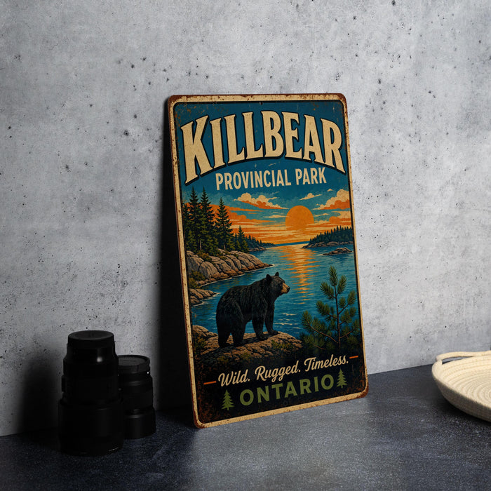 A vintage-style metal sign for Killbear Provincial Park in Ontario, featuring a bear and a scenic landscape with a sunset.