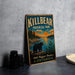 A vintage-style metal sign for Killbear Provincial Park in Ontario, featuring a bear and a scenic landscape with a sunset.