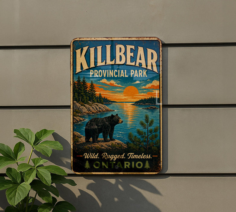 A vintage-style metal sign for Killbear Provincial Park, featuring a bear and a scenic landscape with a sunset.