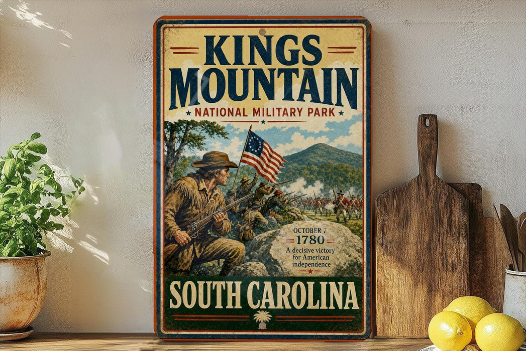 A vintage-style poster advertising Kings Mountain National Military Park in South Carolina, featuring a soldier with an American flag and a historical battle scene.