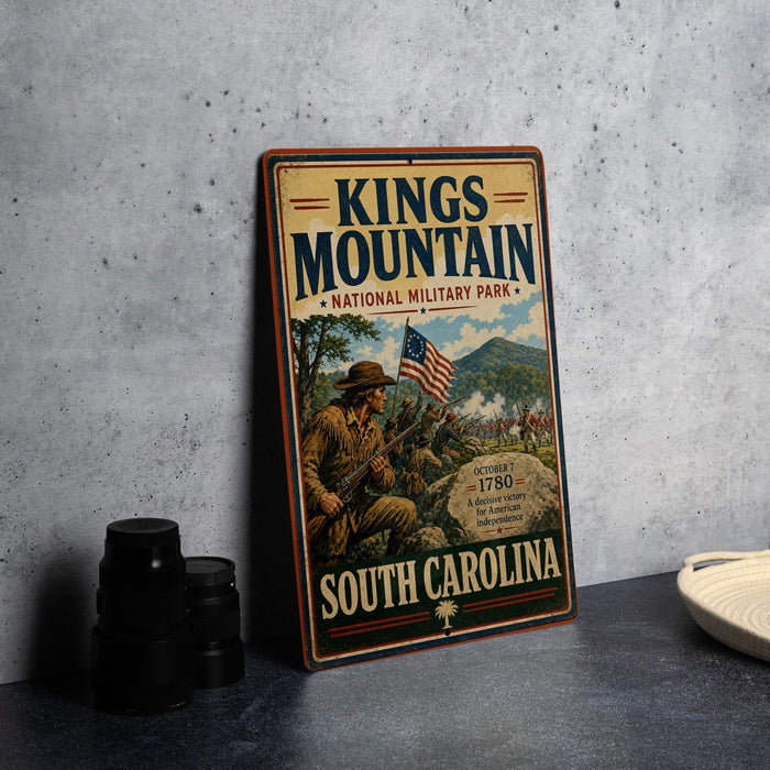 A vintage metal sign for Kings Mountain National Military Park, featuring an illustration of a soldier and a battle scene, with the text "Kings Mountain National Military Park" and "South Carolina" prominently displayed.