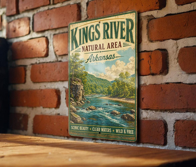 A vintage-style metal sign for the Kings River Natural Area in Arkansas, featuring a scenic illustration of a river surrounded by mountains and lush greenery.