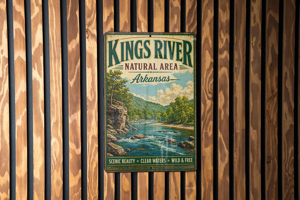 A vintage metal sign for the Kings River Natural Area in Arkansas, featuring a scenic illustration of a river surrounded by mountains and lush greenery.