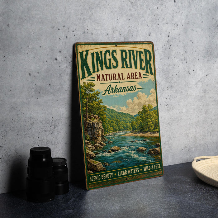 A vintage-style sign for the Kings River Natural Area in Arkansas, featuring a scenic illustration of a river surrounded by mountains and lush greenery.