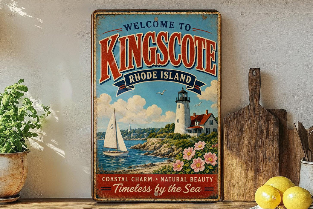 A vintage-style metal sign welcoming visitors to Kingscombe, Rhode Island, featuring a lighthouse, sailboat, and coastal scenery.