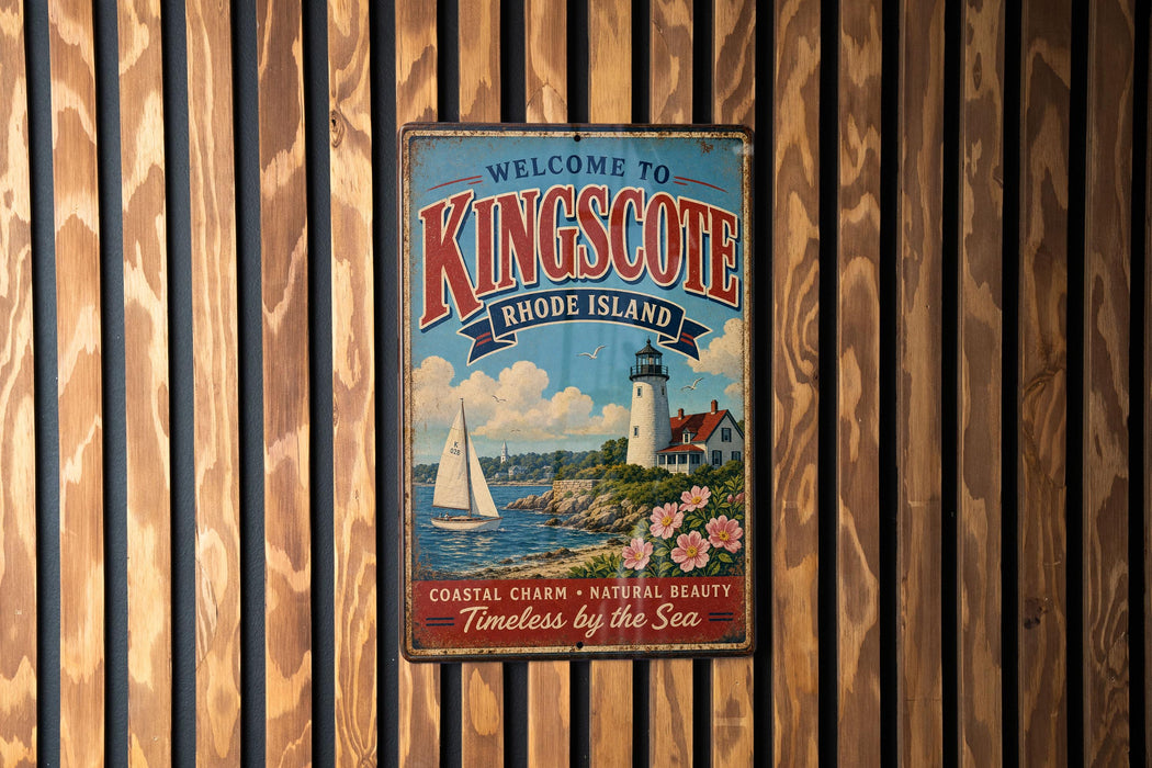 A vintage-style metal sign welcoming visitors to Kingscote, Rhode Island, with a lighthouse and sailboat in the background.