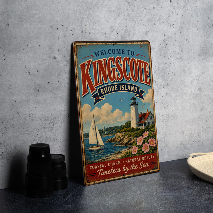 A vintage-style metal sign welcoming visitors to Kingscote, Rhode Island, with a lighthouse and sailboat in the background.