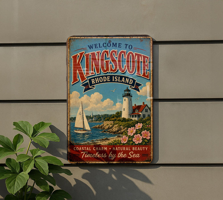 A vintage-style metal sign welcoming visitors to Kingscote, Rhode Island, with a lighthouse and a sailboat in the background.