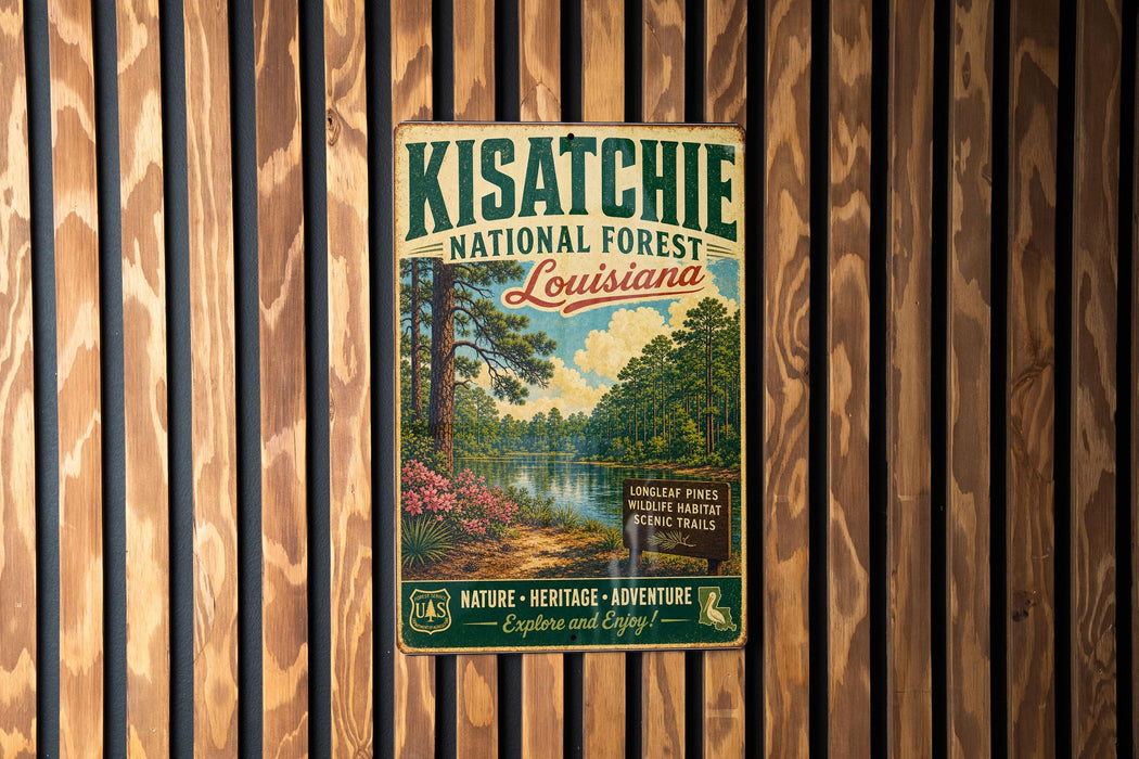 A vintage-style metal sign for the Kisatchie National Forest in Louisiana, featuring a scenic landscape with pine trees, a lake, and a sign indicating the area as a Longleaf Pine forest.