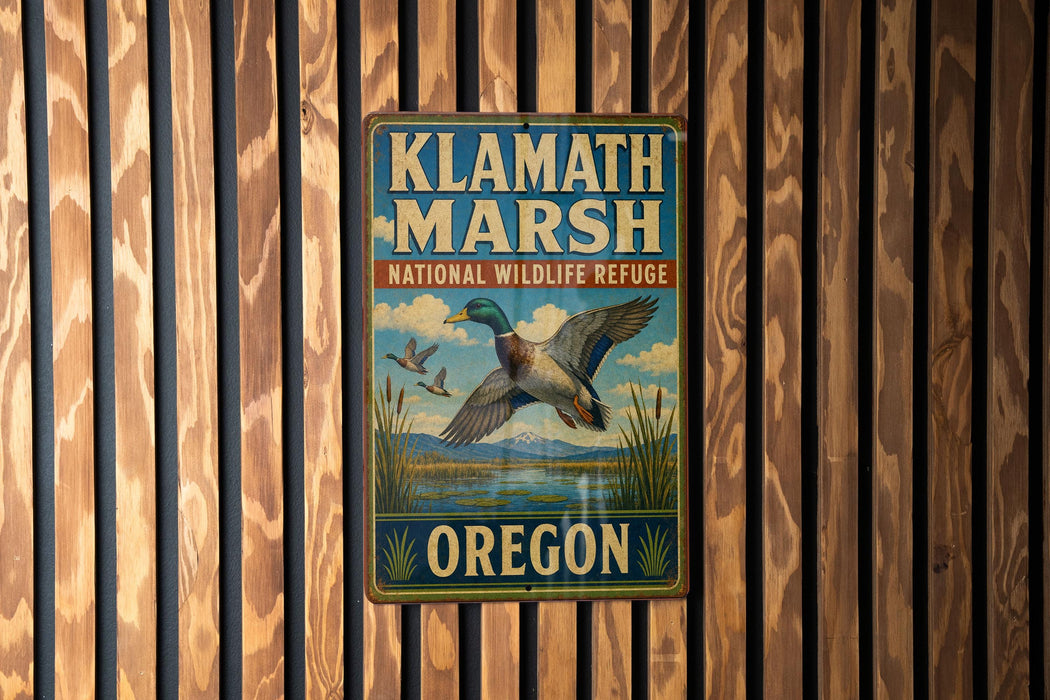 A metal sign with the text "Klamath Marsh National Wildlife Refuge Oregon" is displayed on a wooden fence.