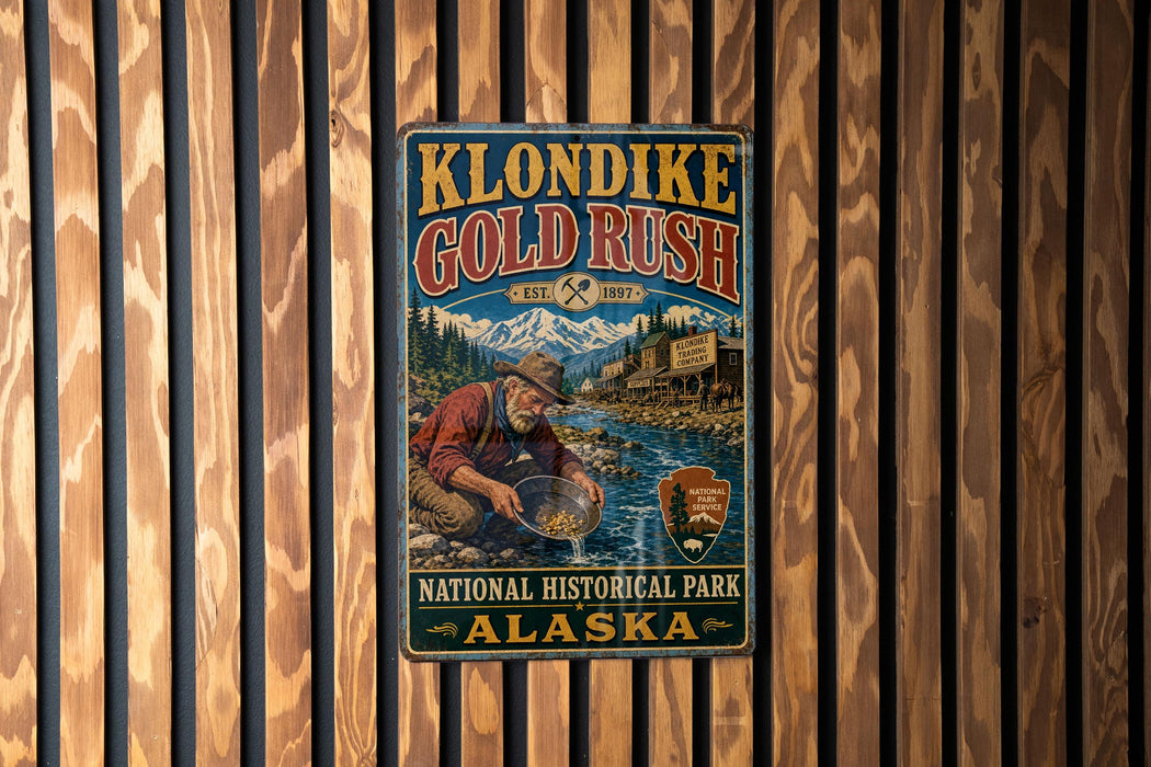 A vintage-style metal sign for Klondike Gold Rush National Historical Park in Alaska, featuring an illustration of a man panning for gold in a river.