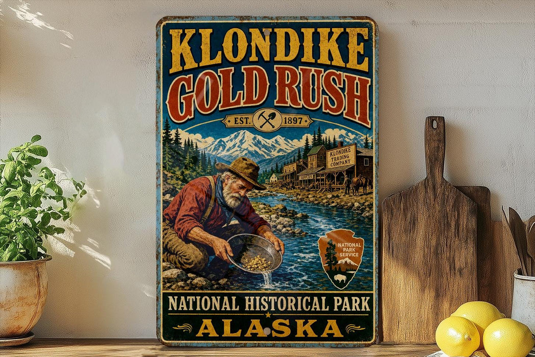 A vintage-style metal sign for Klondike Gold Rush National Historical Park in Alaska, featuring an illustration of a man panning for gold in a river.