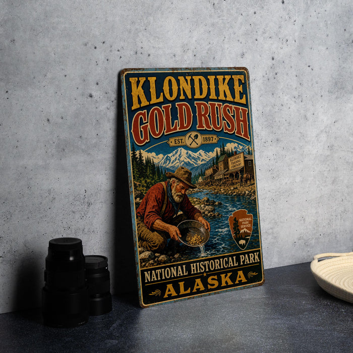 A vintage-style metal sign for Klondike Gold Rush National Historical Park in Alaska, featuring an illustration of a man panning for gold.