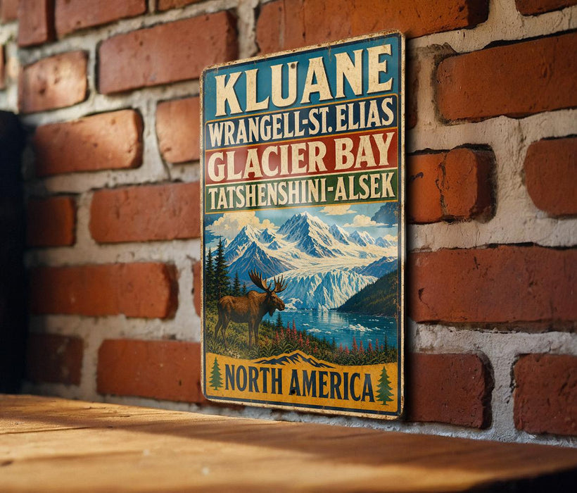 A vintage metal sign with a mountain landscape and a moose, mounted on a brick wall.