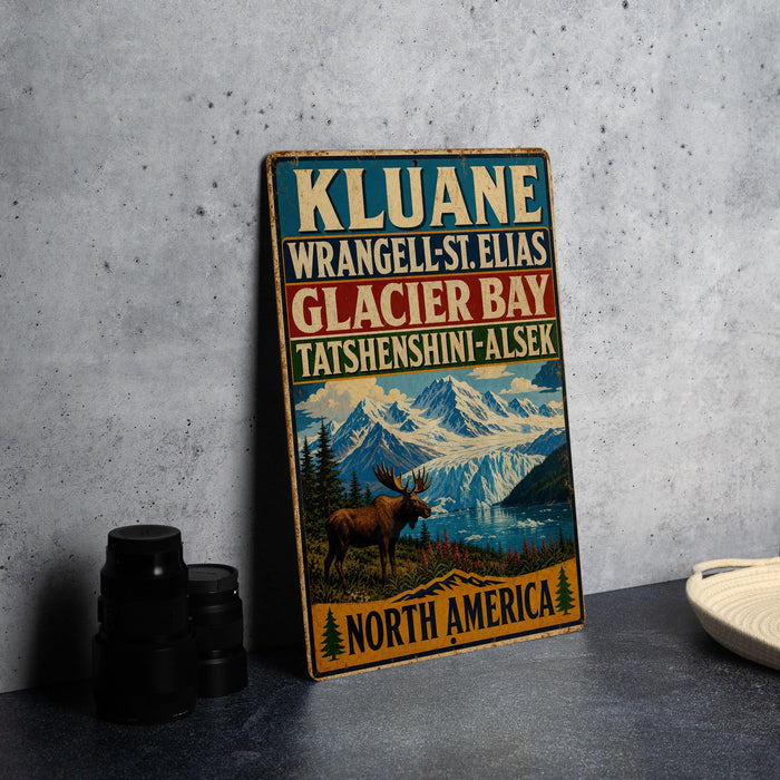 A vintage-style sign advertising Kluane, Wrangell-St. Elias, Glacier Bay, and Tsathershini-Alesk, with a moose and mountains in the background.