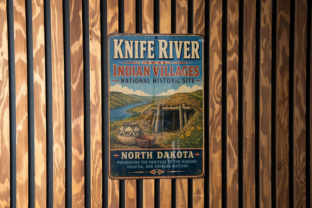 A vintage metal sign for Knife River Indian villages, located in North Dakota, is displayed on a wooden wall.