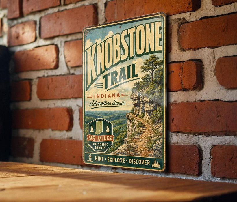 A vintage-style metal sign for Knobstone Trail in Indiana, featuring a scenic mountain landscape and hiking trail information.