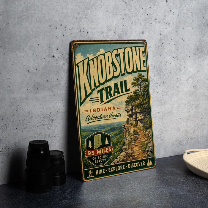 A vintage-style metal sign for Knobstone Trail in Indiana, featuring a scenic mountain landscape and the text "95 MILES OF SCenic Beauty" and "HIKE - EXPLORE - DISCOVER".