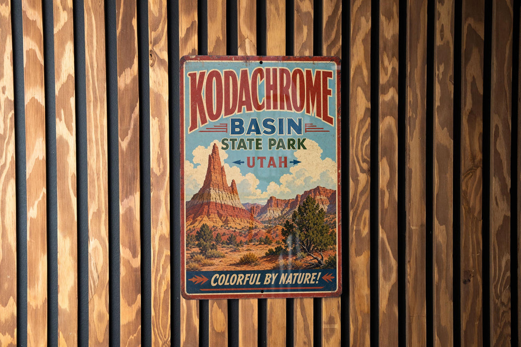 A vintage-style metal sign for Kodachrome Basin State Park in Utah, featuring a scenic image of the park's natural landscape.