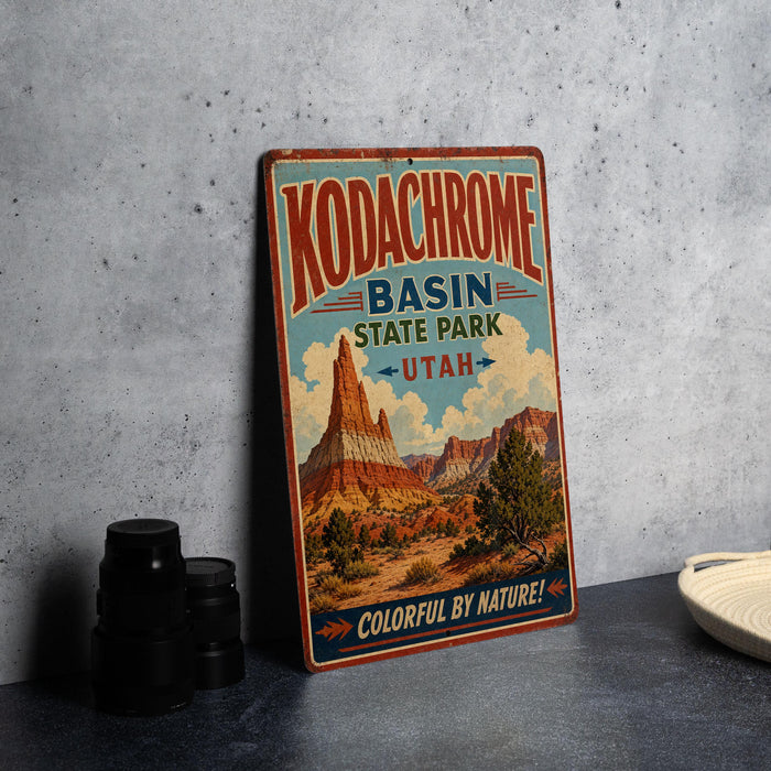 A vintage Kodachrome sign advertising Kodachrome Basin State Park in Utah, featuring a desert landscape with a mountain in the background.