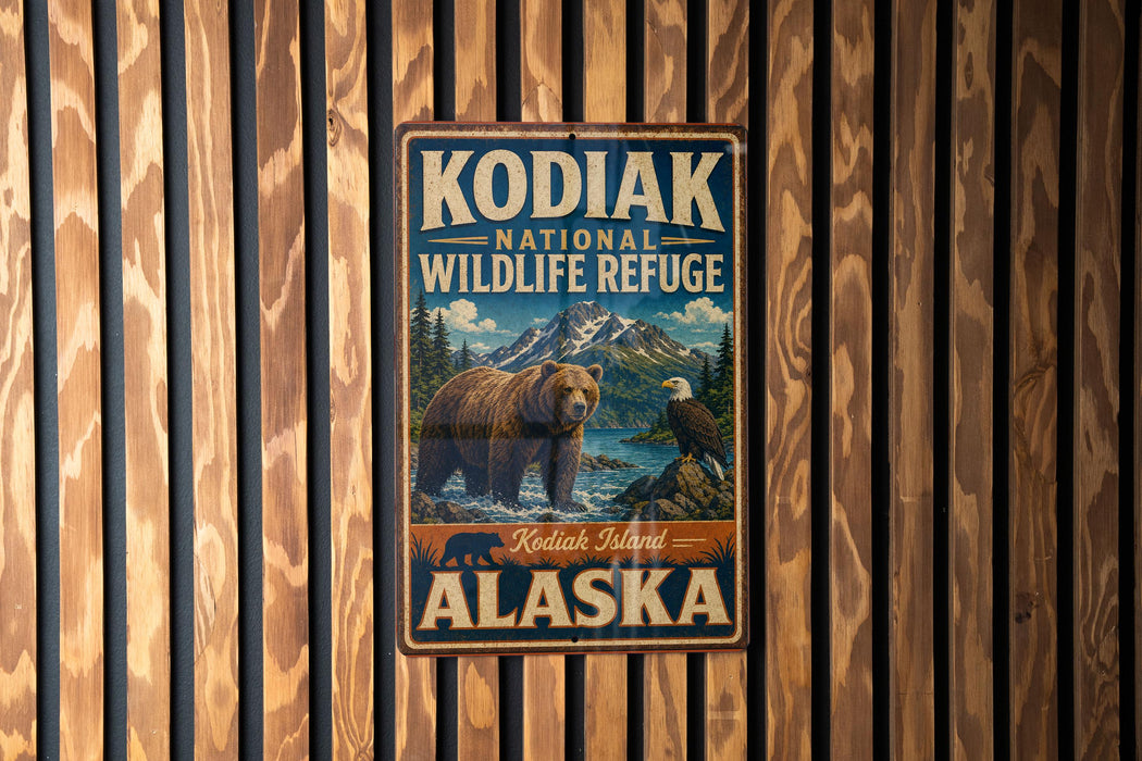 A metal sign with the text "KODIAK NATIONAL WILDLIFE REFUGE" and an illustration of a bear and eagle, mounted on a wooden fence.