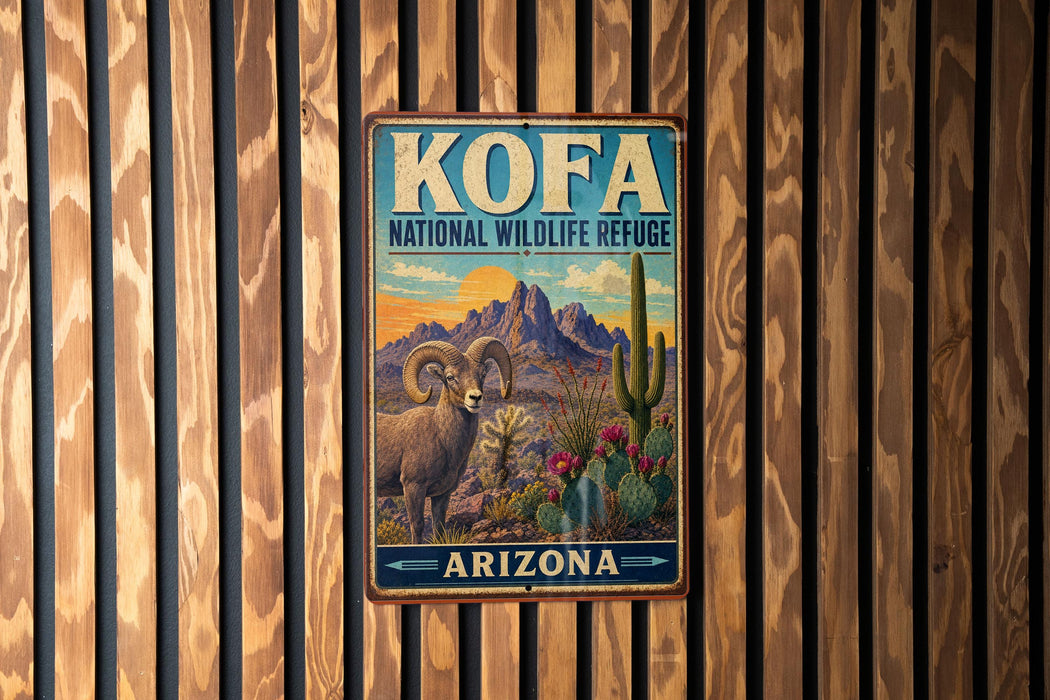 A vintage-style metal sign for the National Wildlife Refuge in Arizona, featuring a desert landscape with a mountain range, cactus, and a ram.
