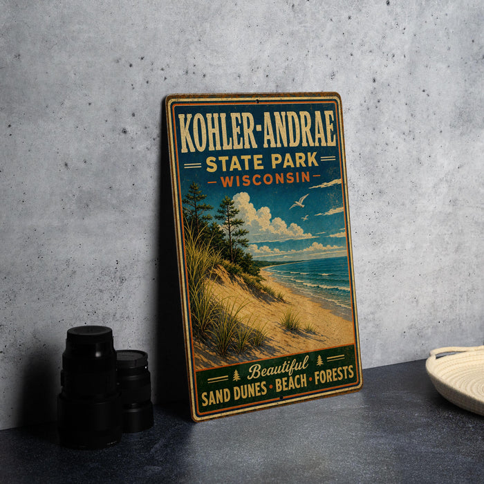 A vintage-style metal sign for Kohler-Andrae State Park in Wisconsin, featuring a scenic beach landscape with sand dunes and a lake.