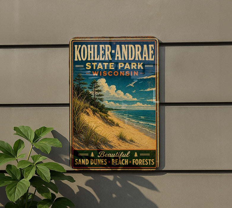 A vintage-style metal sign for Kohler-Andrae State Park in Wisconsin, featuring a beach scene with sand dunes and a blue sky with clouds.