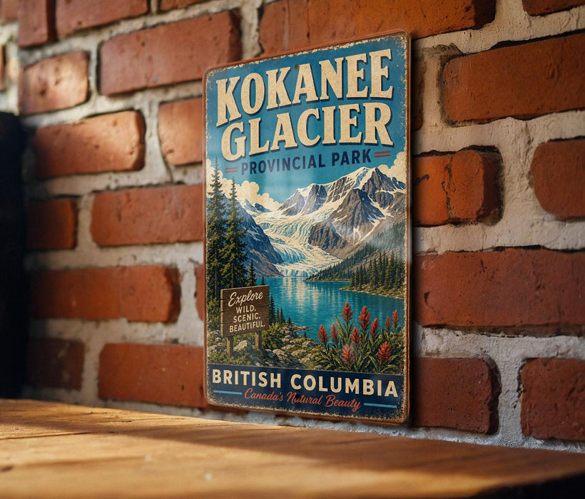 A vintage-style metal sign for the Kokanee Glacier in British Columbia, Canada, featuring a scenic mountain landscape with a lake and wildflowers.
