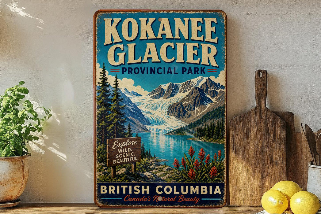 A vintage-style sign for the Kokanee Glacier in British Columbia, Canada, featuring a scenic mountain landscape with a lake and pine trees.
