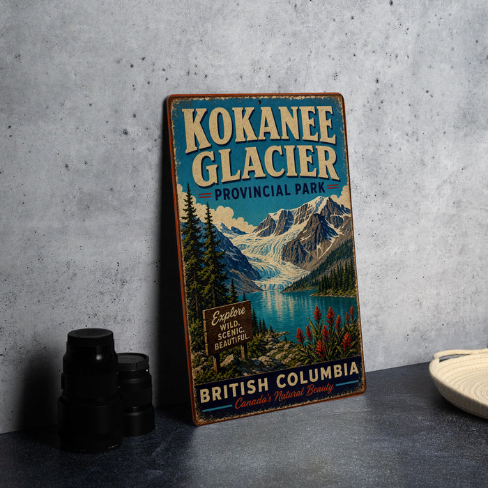 A vintage-style metal sign for the Kokanee Glacier in British Columbia, Canada, featuring a scenic mountain landscape and a lake.
