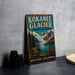 A vintage-style metal sign for the Kokanee Glacier in British Columbia, Canada, featuring a scenic mountain landscape and a lake.