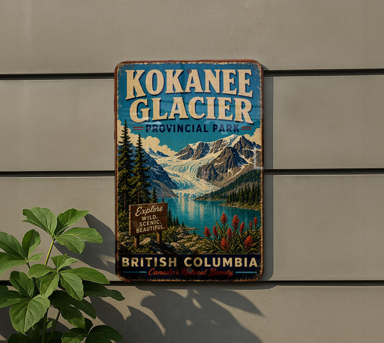 A vintage-style metal sign for the Kokanee Glacier in British Columbia, Canada, featuring a scenic mountain landscape with a lake and pine trees.