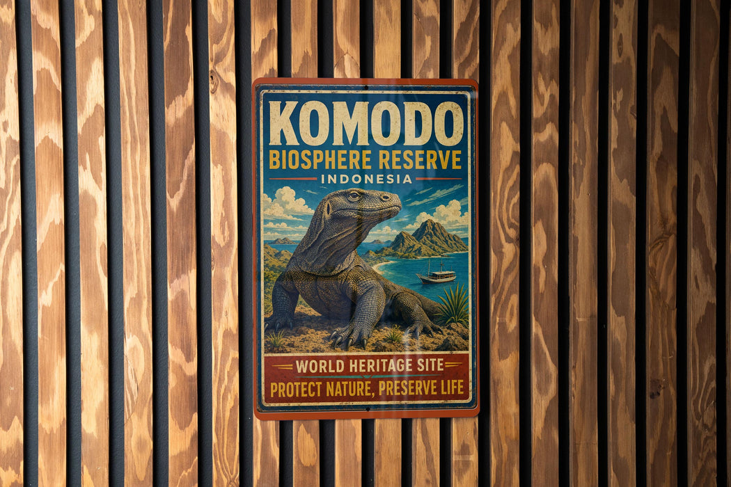 A vintage-style metal sign for Komodo Island, Indonesia, featuring a large Komodo dragon and the text "Komodo Island" and "World Heritage Site - Protect Nature, Preserve Life".
