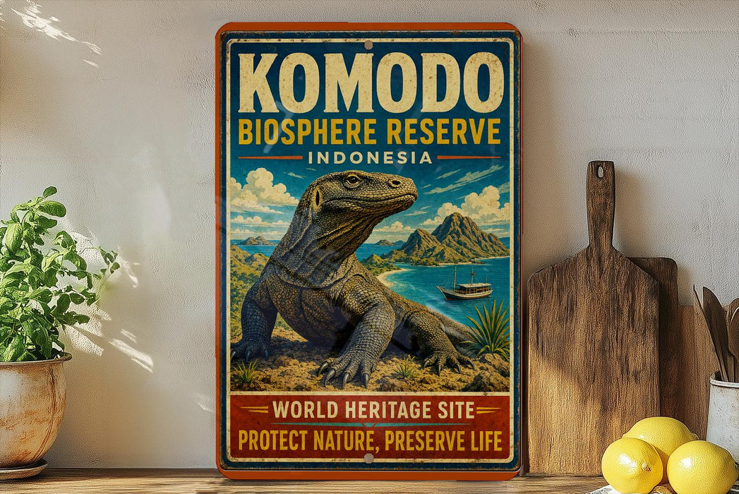 A vintage-style sign for Komodo Island, Indonesia, featuring a large illustration of a Komodo dragon and the text "Komodo Biosphere Reserve Indonesia" and "World Heritage Site - Protect Nature, Preserve Life".