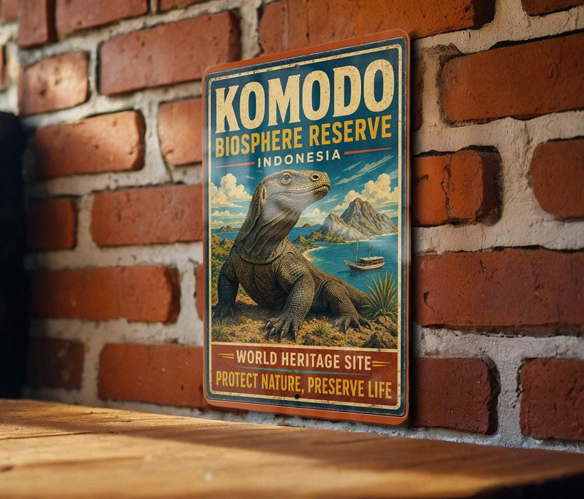 A vintage-style metal sign with a large lizard image and text, mounted on a brick wall.