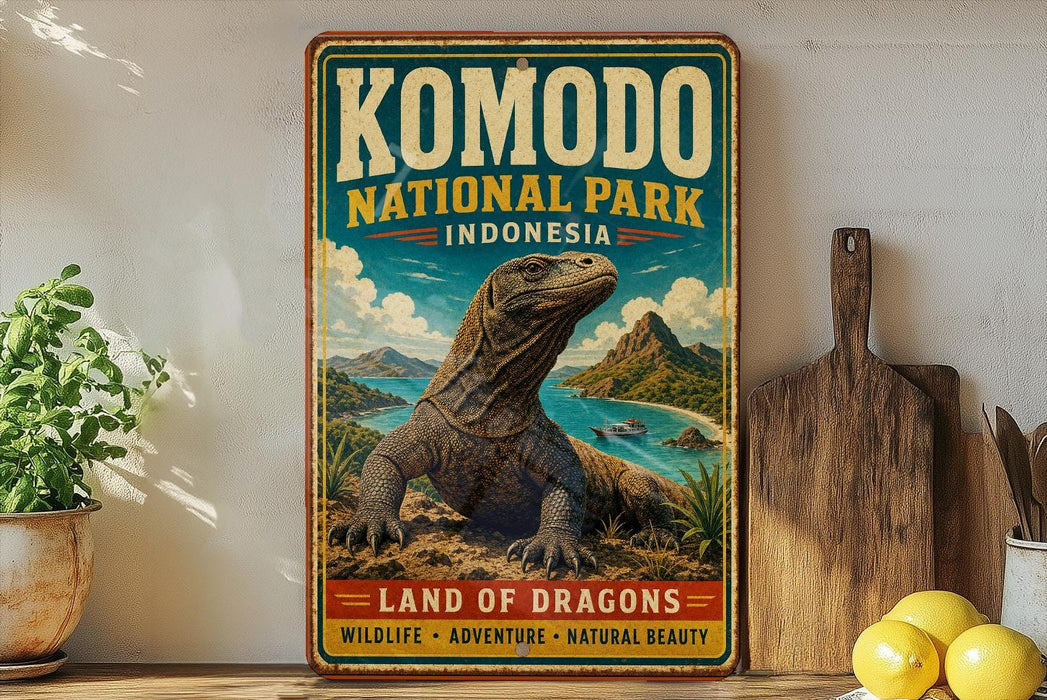 A vintage-style metal sign for Komodo National Park in Indonesia, featuring a large illustration of a Komodo dragon in a natural landscape.