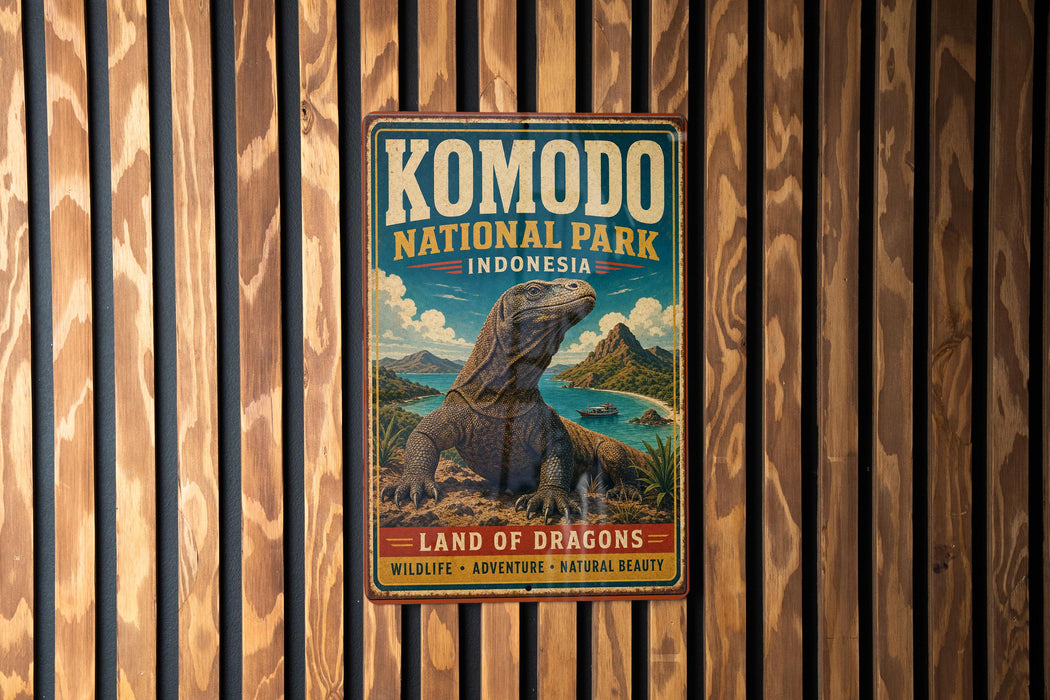 A vintage-style metal sign for Komodo National Park in Indonesia, featuring an illustration of a Komodo dragon.