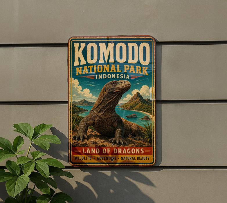A vintage-style metal sign for Komodo National Park in Indonesia, featuring an illustration of a Komodo dragon.