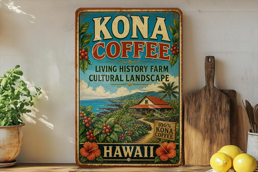 A vintage-style metal sign for Kona Coffee, featuring a tropical landscape with a house, palm trees, and coffee plants, is displayed on a shelf next to a wooden cutting board and some lemons.