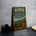 A vintage Kona Coffee sign with a tropical island landscape and text promoting the brand's commitment to living history and cultural landscape.