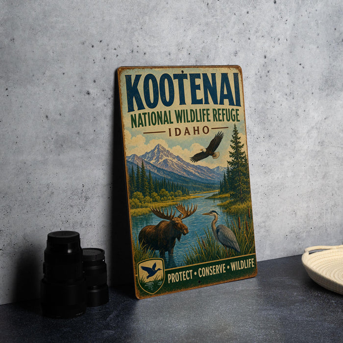 A vintage-style metal sign for the Kootenai National Wildlife Refuge in Idaho, featuring an illustration of wildlife and mountains.