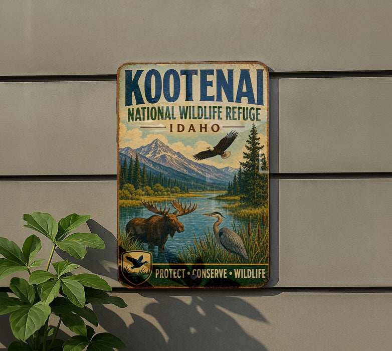A vintage-style metal sign for Kootenai National Wildlife Refuge in Idaho, featuring wildlife such as a moose, eagle, and heron, set against a scenic landscape.