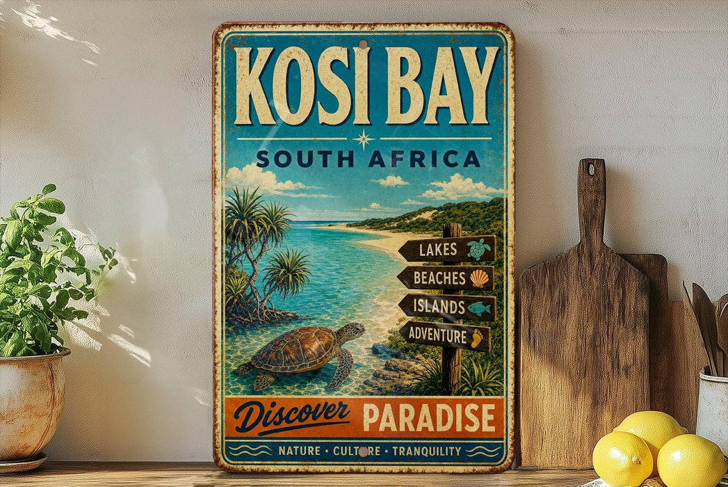 A vintage-style metal sign for Kosi Bay, South Africa, featuring a tropical beach scene with palm trees, a turtle, and directional signs pointing to various attractions.