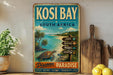 A vintage-style metal sign for Kosi Bay, South Africa, featuring a tropical beach scene with palm trees, a turtle, and directional signs pointing to various attractions.